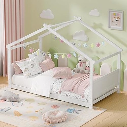 Twin House Bed, Montessori Floor Bed with Headboard & Footboard, Solid Wood Bed Frame for Toddlers Teens Bedroom, No Box Spring Needed, Natural