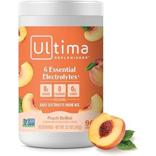 Ultima Replenisher Mocktini Electrolyte Powder Drink Mix – Sugar Free – Peach Bellini, 90 Servings – Hydration Powder with 6 Key Electrolytes and Trace Minerals – Keto Friendly, Non-GMO