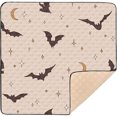 Halloween Moon Stars Bats Baby Play Mat for Floor 50" X 50" Foldable Waterproof Non-Slip Playmat for Baby Playpen Quilted Crawling Mats Game Rug