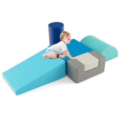Costway 6 PCS Kids Climber Play Set Indoor Foam Climb and Crawl Activity Blocks w/ Cover Blue