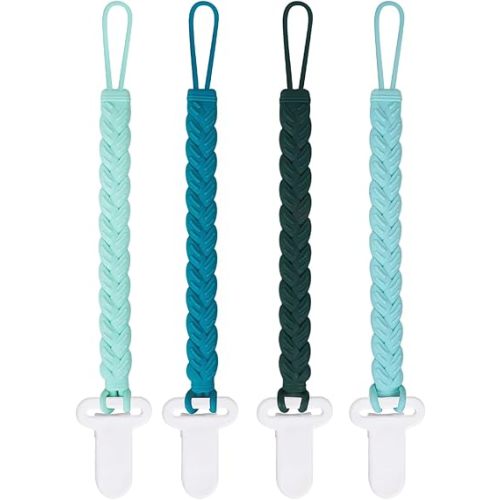 4 Pcs Green Baby Silicone Teething Pacifier Clip,One-piece Design,Woven Shape,BPA Free.