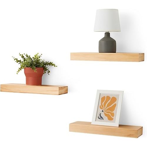 Amazon Basics Wood Floating Wall Shelves, Pack of 3, Pine, 15.8" x 5" x 1.8"
