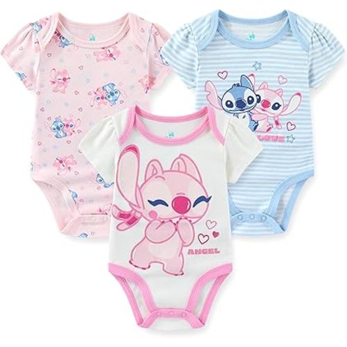 Disney Lilo & Stitch Angel Baby Girls 3 Pack Bodysuit Creeper for Newborn and Infant