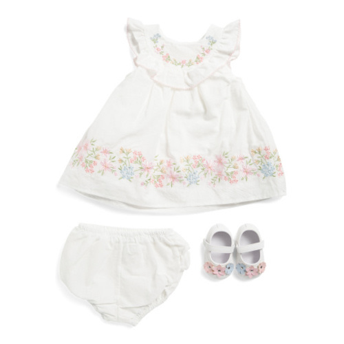 Newborn Girls 3pc Floral Embroidered Yoke Dress Bloomers And Shoes Set | Baby | Marshalls