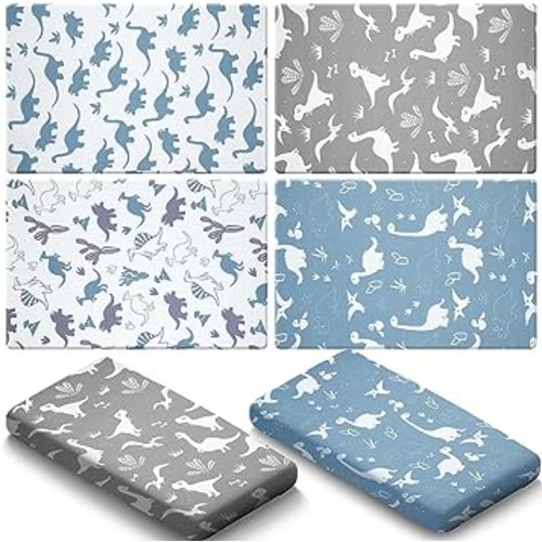 Newwiee 4 Pack Stretchy Ultra Soft Fitted Crib Sheets Set Dinosaur Mini Crib Sheets Breathable Toddler Bed Sheets Mattress Sheet Playard Bedding for Girls Boys Baby Bassinet, 52 x 28 Inch, 4 Style