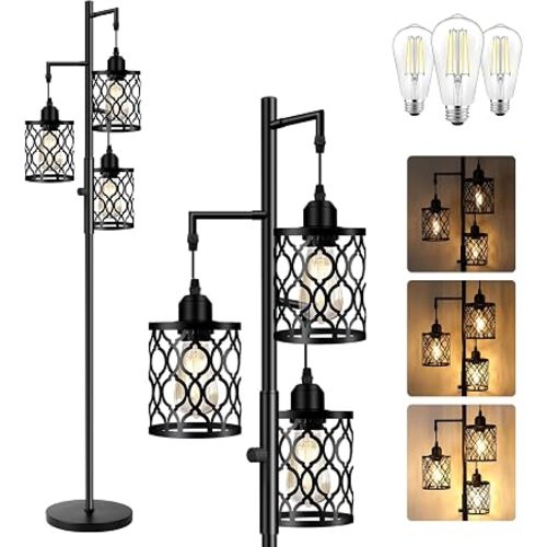 ROTTOGOON Dimmable Farmhouse Floor Lamp, Industrial Floor Lamp for Living Room with 3 X 6W LED Bulbs, 3 Light Rustic Standing Tall Lamp for Bedroom, Office, 68"