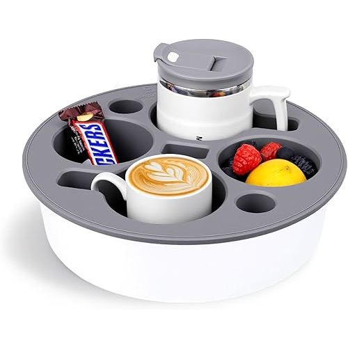 Couch Cup Holder Tray Round, 4-Cups Bedside Drink Holder for Elderly/Pregnancy, Stable Non-Spill Silicone Couch Caddy for Remote Control, Glasses‌, Snacks, Phones‌ (White-Gray)