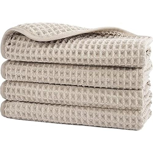 POLYTE 430 GSM Microfiber Lint Free Washcloth Face Towel, 13 x 13 in, 4 Pack (Waffle Weave)