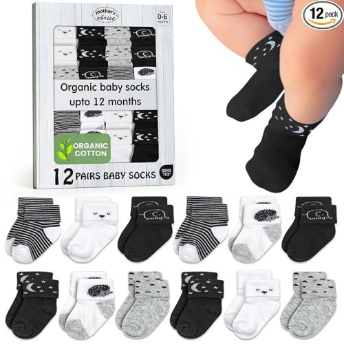 Mother's Choice Organic Cotton Baby Socks 0-6 Months - 12 pairs Soft, Cozy, and Gentle Newborn Socks for Girls & Boys, Perfect for Baby Registry, Everyday Wear, and Infant Comfort
