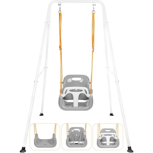 3-in-1 Toddler Swing Set, Indoor & Outdoor Baby Swing Heavy Duty Swing Set with Foldable Metal Stand for Aged 6 Months to 10 Years Old, Easy to Assemble and Store (White)