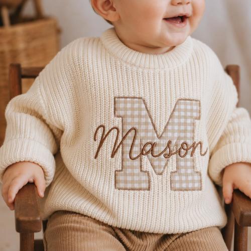Personalized Baby Name Applique Sweater, Custom Initial Embroidered Knit Sweater, Baby Shower Gift, Toddler Birthday Outfit, Christmas Gift