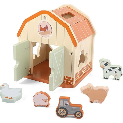 Freniland Wooden Farm Toys for Toddlers 1-3, Farm Barn Shape Sorter Playset with 5 Farm Animal Figures & Wooden Tractor, Montessori Pretend Play Learning Toy, Educational Gift for Boys & Girls