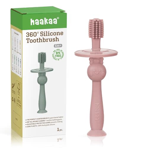haakaa 360° Baby Toothbrush with Suction Base - Blush | Gentle Cleaning for Infants, Gum Massage, BPA-Free, Food-Grade Silicone, Adjustable Safety Shield, Safe for Babies 6 Months+