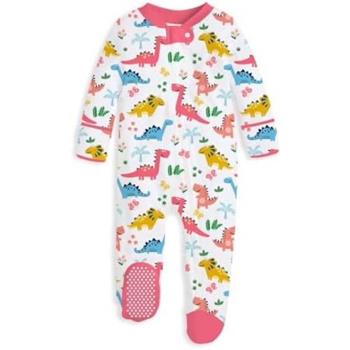 UNIFACO Baby Girl Footed Sleeper 0-3 Months Dinosaur Print Footed Pajamas, Non-Slip Infant Sleepwear for Daily Sleep Crawling Play