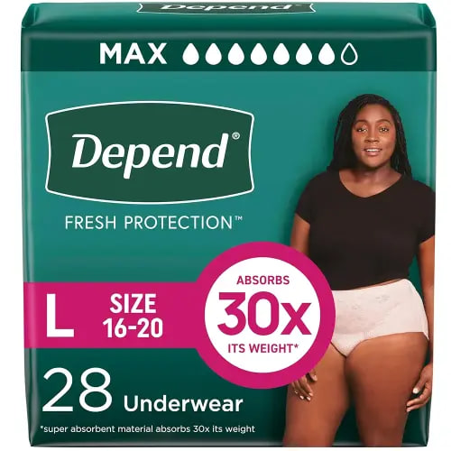 Depend Fresh Protection Adult Incontinence & Postpartum Bladder Leak Underwear for Women, Disposable, Maximum, Large, Blush, 28 Count, Packaging May Vary