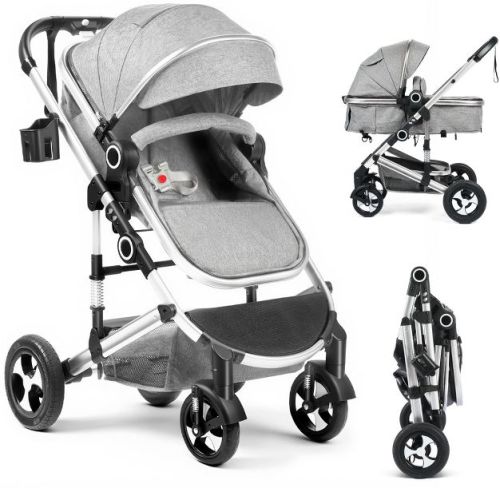 TODECARE 2-in-1 Convertible Baby Stroller with Reversible Seat, Adjustable Canopy and Storage, Light Gray