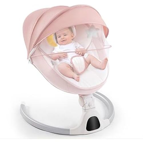 Soobaby Baby Swing for Infants,Electric Bouncer for Babies,Portable Swing for Baby Boy Girl,Remote Control Indoor Baby Rocker with 5 Sway Speeds,Music and Bluetooth, (Dark Pink)