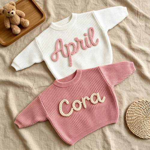 Hand Embroidered Baby Name Sweater, Personalized Baby Sweater with Name, Custom Knit Newborn Crewneck Sweater, Crochet Knitted Baby Jumper