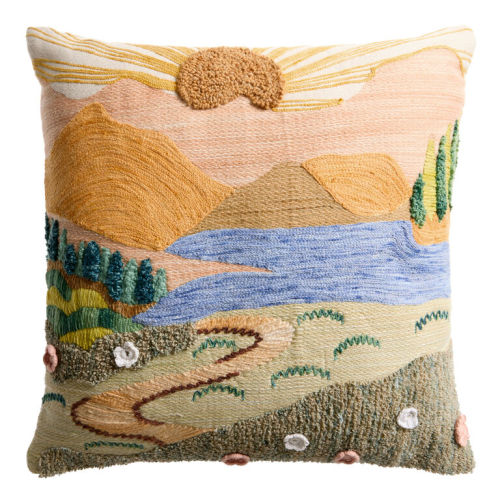 Mountain Scene Embroidered Indoor Outdoor Throw Pillow