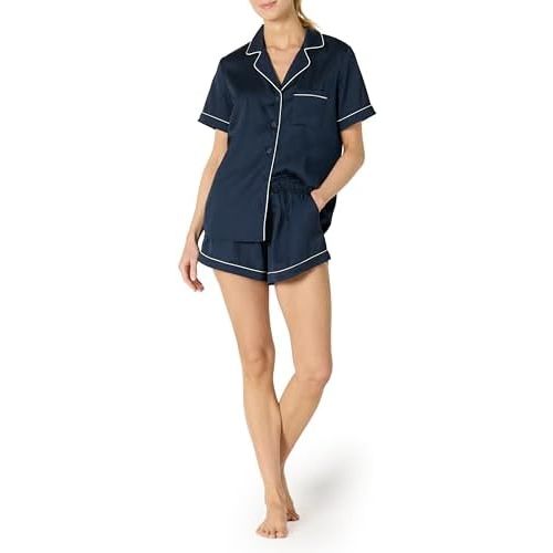 Amazon Essentials womens Satin Short Sleeve Button-Down Top and Short Sleepwear Pajama Set