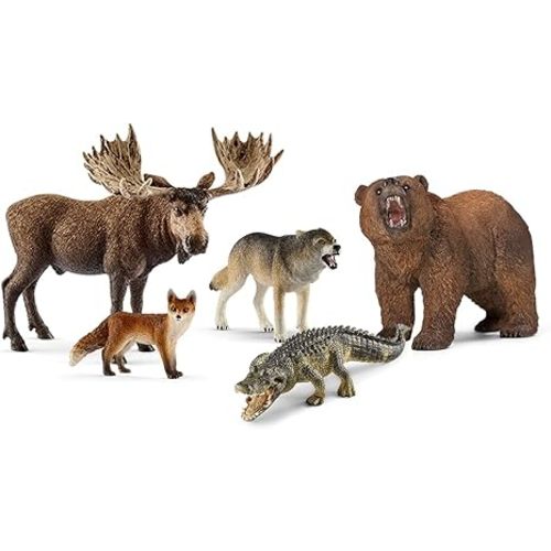 Schleich Wild Life - 5PC North American Animal Figurine Bundle - Realistic Moose, Wolf, Fox, Alligator, and Grizzly Bear Figures - Educational Toys for Kids for Screen-Free Play - 3+ | 77417