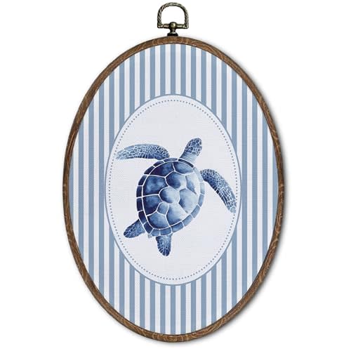 FLAWAFLOMA Vintage Nautical Nursery Oval Wall Art Decor, Kids Room Canvas Wall Art Framed, Retro Sea Turtle Hanging Decorations for Kids Toddler Boy Nursery Room Playroom Decor, 8.6x11.4 Inch