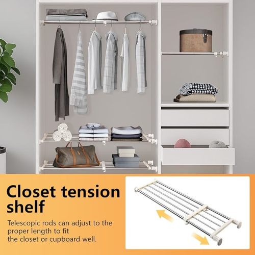 BAOYOUNI Expandable Closet Tension Shelf Adjustable Clothes Storage Rack Hanger Rod Organiser Ivory, 39.76-60.04 Inch