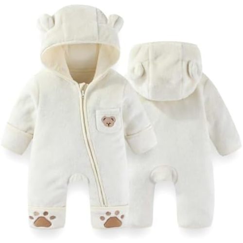 Fairy Baby Newborn Baby Bear Outfit With Fold-Over Mittens Footies Thin Fleece Romper Hooded Jumpsuit Winter Coat Girls Boys