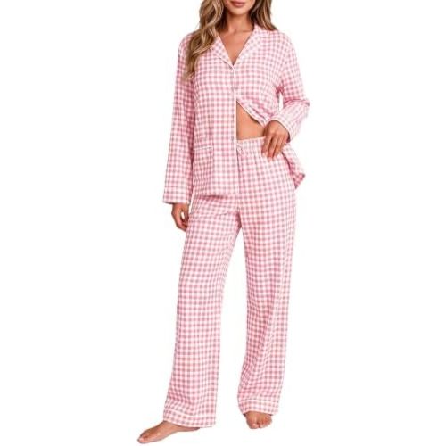 SWOMOG 100% Cotton Women Pajamas Set Long Sleeve Sleepwear Button Down Lounge Set 2 Piece Nightwear with Pocket