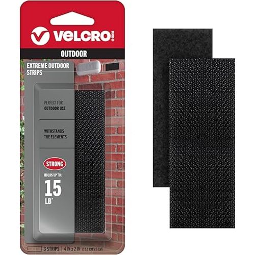 VELCRO Brand Extreme Outdoor Strips, Black, 4in x 2in, 3 Sets