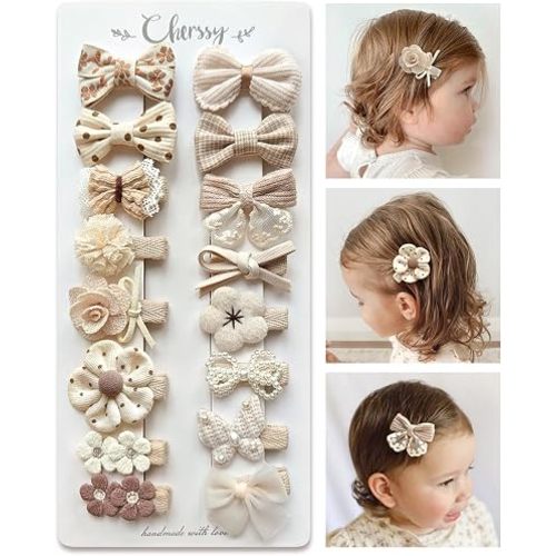 Cherssy Beige Baby Hair Bow Clips, 16pcs Tiny Floral Baby Barrettes