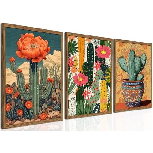 Framed Mexican Cactus Canvas Wall Art Set of 3 - Vintage Desert Floral Wall Decor Paintings, Boho Southwestern Botanical Prints Pictures for Living Room Bedroom Bathroom Home Decor 12x16 inch