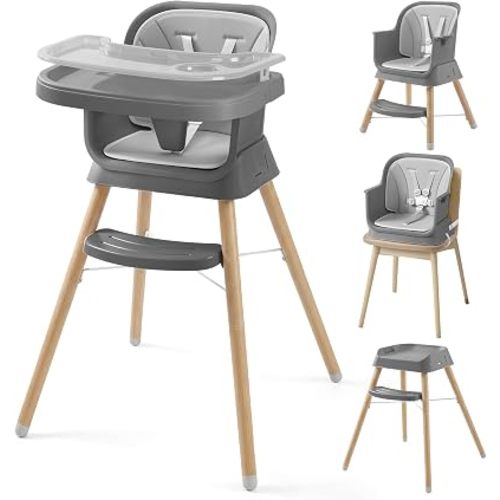 Mallify 6-in-1 Baby High Chair, Booster Seat for Dining Table, Convertible High Chair for Babies and Toddlers, Easy Clean Infant Highchair with Removable Double Tray & 5-Point Harness, Gray