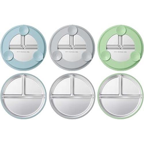 HaWare 3 Pack Stainless Steel Baby Suction Plates, 9 Inch Divided Toddler Plate with Removable Silicone Sleeves, Non Toxic & BPA Free Kids Feeding Set, Dishwasher Safe (Blue/Gray/Green)