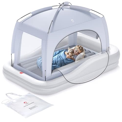 QPAU Inflatable Toddler Travel Bed with Tent, Portable Kids Air Mattress with Safety Bumpers, Ideal for Home, Grandma's, Camping, Traveling -Includes Fast Electric Pump