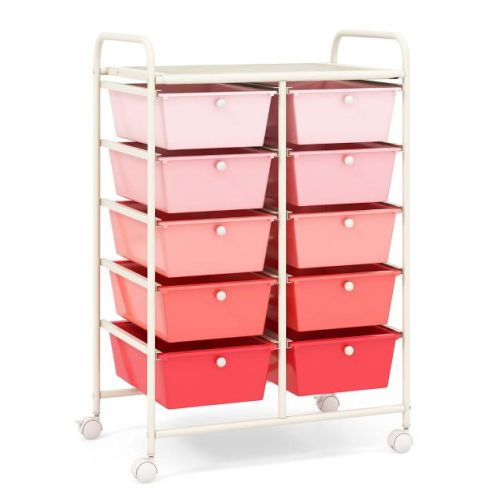 Costway 10-Drawer Storage Cart Utility Rolling Trolley Kitchen Office Organizer Black/Clear/Macaron/Grey/Black Gardient/Multicolor/Pink/RainbowithWhite/Hot Pink/Skin Pink/Purple