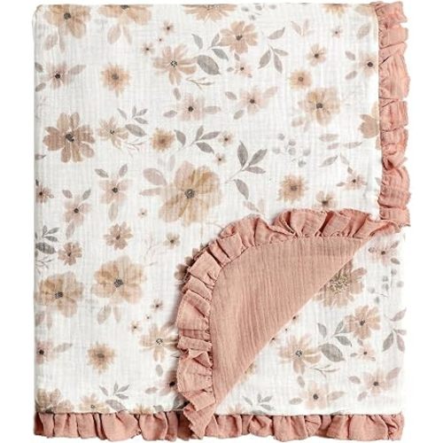 CREVENT 40''X40'' 100% Organic Floral Cotton Muslin Baby Blanket for Newborns, Essential for Baby Shower Birthday Gift - Daisy with Trim 100X100cm