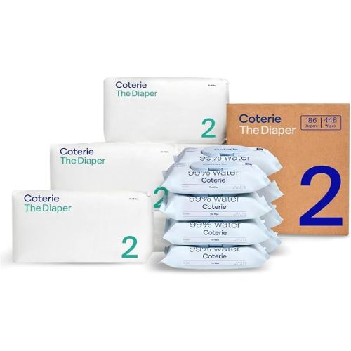 Coterie Baby Wipes + Diapers Kit, Size 2 Diapers (186 Count) & 8 Pack (448 Count) Baby Wipes with 99% Water, Plant Based Materials, Hypoallergenic for Sensitive Skin, Baby Essentials