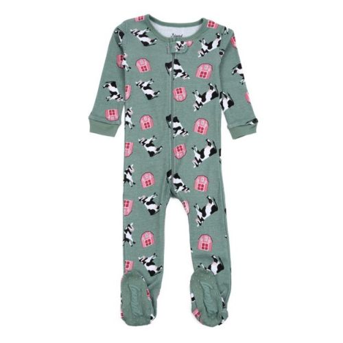 Leveret Footed Cotton Pajamas Cow Green 0-3 Month