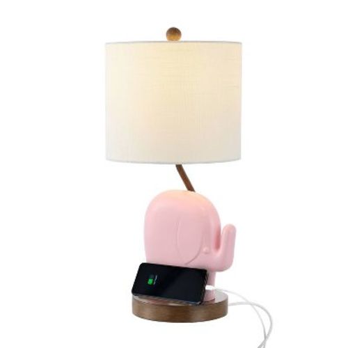 20.25" Ellie Bohemian Iron/Resin Elephant Kids' Table Lamp (Includes LED Light Bulb) with USB Charging Port Pink - JONATHAN Y: Modern Design