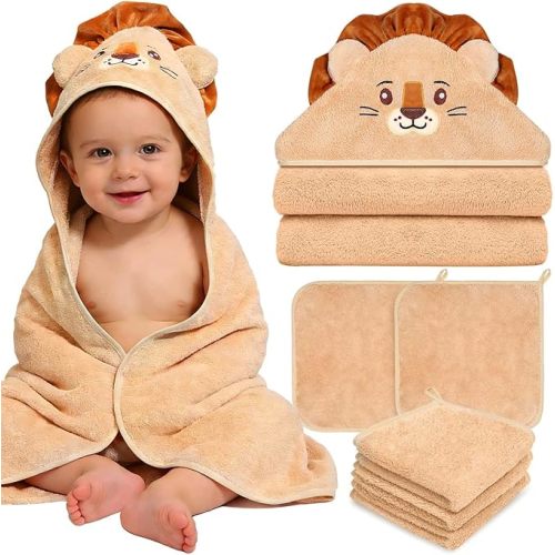 Flasoo 14 Pcs Baby Towels Set, Baby Towels and Washcloths Set,4 Pcs 32x32 in Cute Hooded Bath Towel & 10 Pcs Baby Washcloths for Infants, Toddlers and Kids - Dinosaurs, Pandas, Elephants & Moose