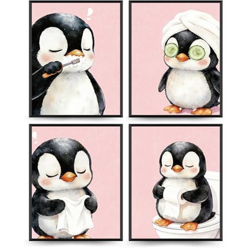 Wheatwin Kids Bathroom Decor Set, Penguin Animal Bathroom Wall Decorations for Kids Toddler Boys Girls Toilet Washroom, 8x10 Unframed 4Pcs - Penguin (Pink)