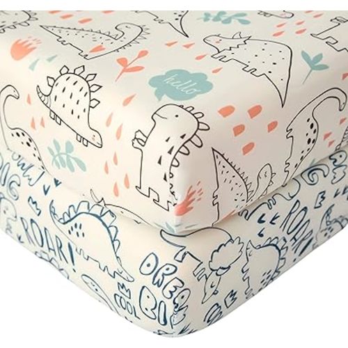 SDIII 2 Pack Dinosaur Crib Sheets for Boys 52×28 Stretchy Microfiber Jersey Knit Fall Crib Sheets Dinosaur for Standard Crib and Toddler Mattress