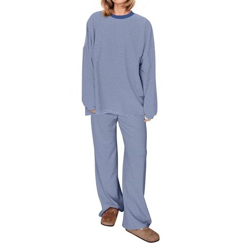 MISSACTIVER Women's 2 Piece Striped Lounge Set Long Sleeve Oversized T-Shirt Wide Leg Pants Matching Pajamas Set