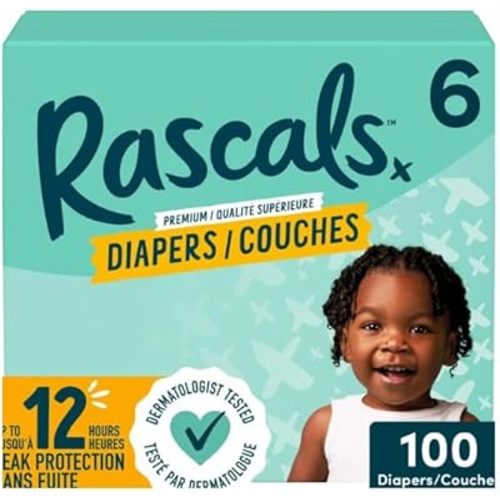 Rascals Premium Baby Diapers Size 6 (100 Count) Mega Carton – Ultra Soft, Hypoallergenic, Leak-Proof & Fast-Dry Protection for Sensitive Skin