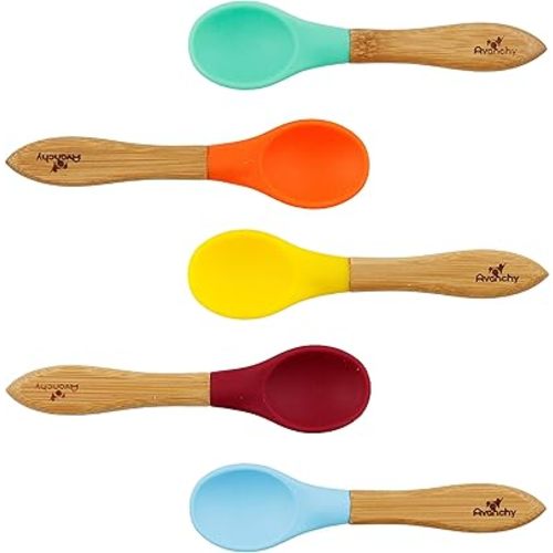Avanchy Baby Spoons, Silicone Self Feeding Toddler Spoons, 5-Pack, Blue