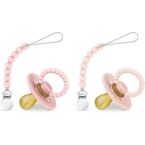 Luladream Pacifier and Clip Set - Natural Rubber Nipple - Soft Teething Handle - for Infants Baby's and Toddlers, 0-18 Months (Blush Pink + Rose Petal + Clips)
