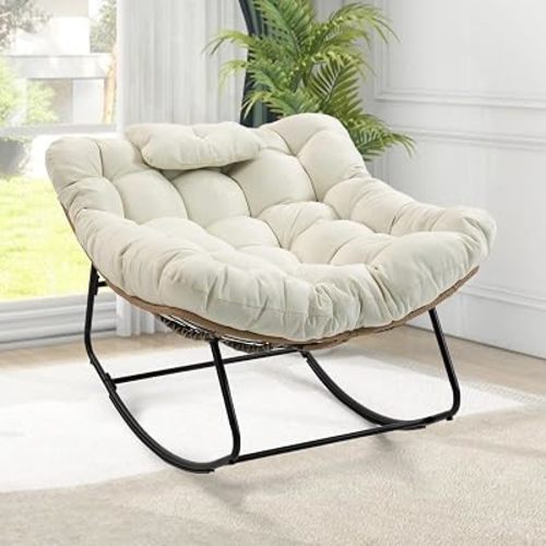 Upholstered Rocking Chair, Oversized Wicker Egg Rocker with Thick Cushion and Head Pillow, Modern High Back Armchair for Living Room, Bedroom, Lounge, Beige