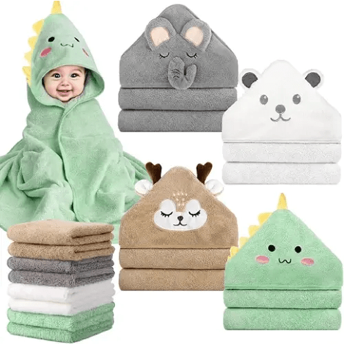 CandyHome 12 PCS Baby Bath Towels Set for Infants Toddlers, 4 PCS Animal Hooded Baby Towels & 8 PCS Washcloths Set, Ultra Absorbent Cute Soft Newborn Bath Essentials Gifts for Boys & Girls