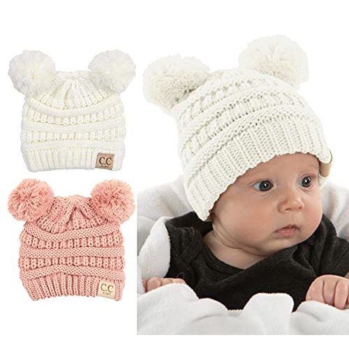 Funky Junque Double Pom Pom Baby Beanie – Newborn Girl Winter Hat 0–12 Months, Cute Cozy Knit Infant Beanies for Cold Weather